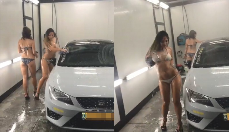 [歐美] 美女洗車服務~車上貼滿防窺紙還能在裡面尻尻呢！只是前面的大奶妹怎麼…？